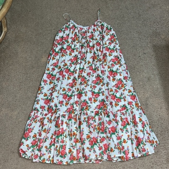 RHODE Lea Gathered Cotton Poplin Tiered Tie-Waist Midi Dress Floral White Dazzle - Picture 7 of 13